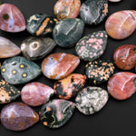 Natural Ocean Jasper Beads Vertically Drilled Teardrop Vibrant Green Yellow Red Orbs Eyes 15.5" Strand