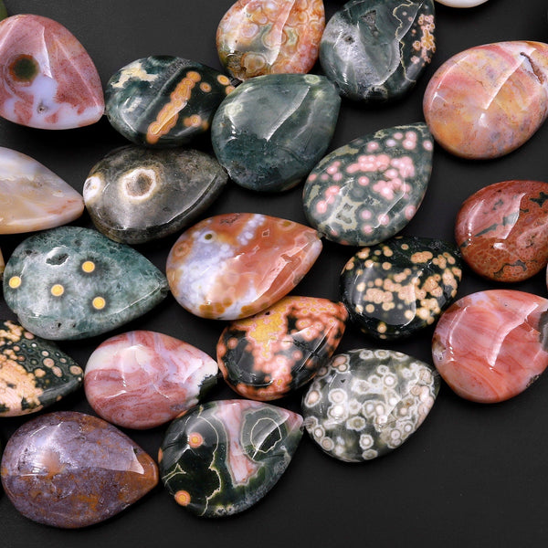 Natural Ocean Jasper Beads Vertically Drilled Teardrop Vibrant Green Yellow Red Orbs Eyes 15.5" Strand