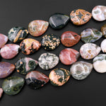 Natural Ocean Jasper Beads Vertically Drilled Teardrop Vibrant Green Yellow Red Orbs Eyes 15.5" Strand