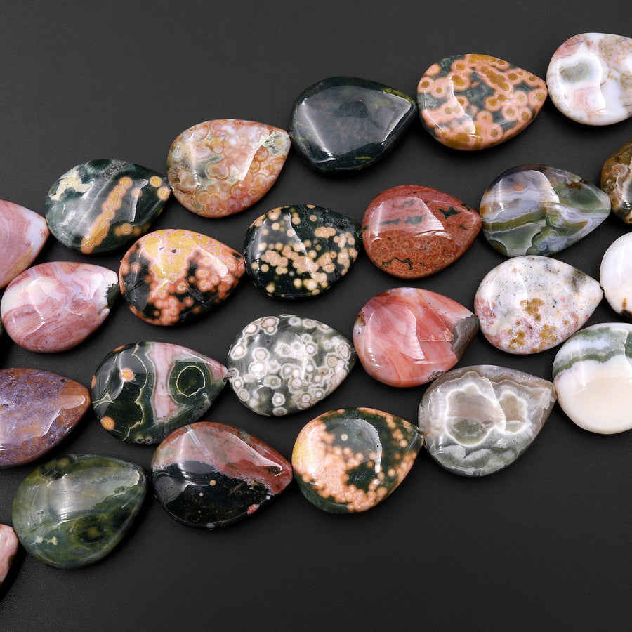 Natural Ocean Jasper Beads Vertically Drilled Teardrop Vibrant Green Yellow Red Orbs Eyes 15.5" Strand