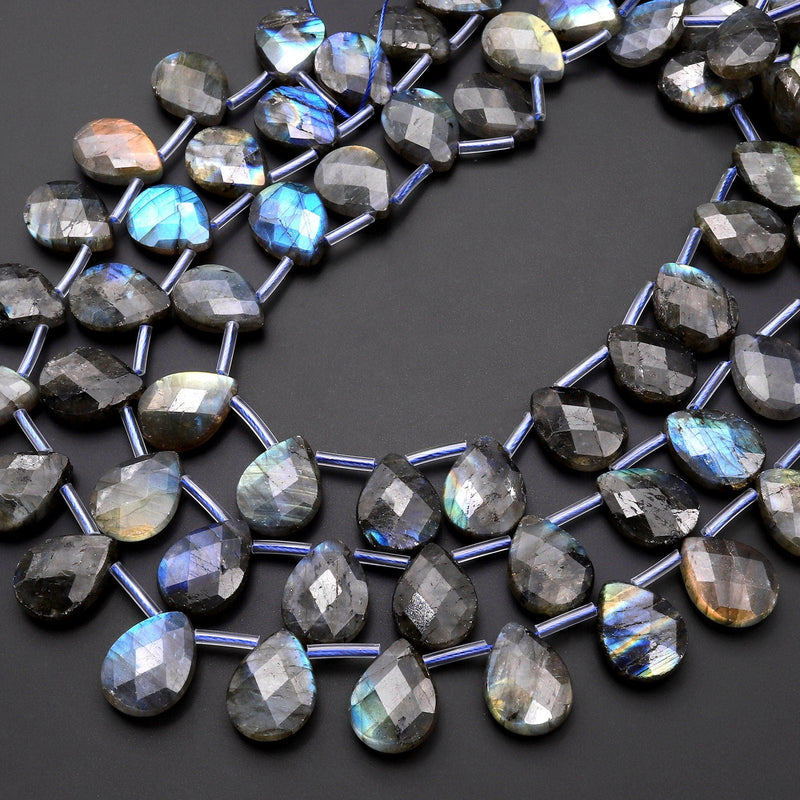 Faceted Labradorite Teardrop Briolette Beads 18x13mm Brilliant Blue Green Golden Flashes Fire Good For Earrings 15.5" Strand