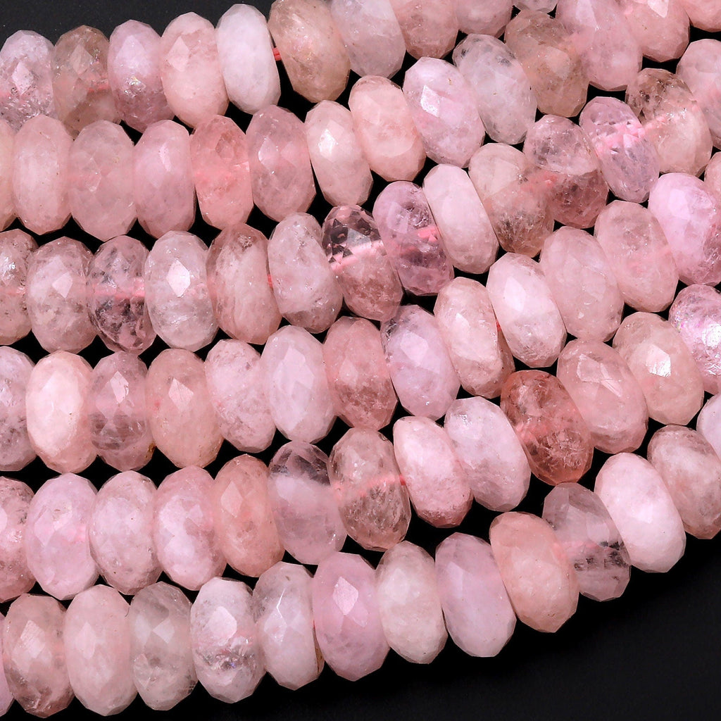 AAA Large Faceted Natural Pink Morganite Aquamarine Beryl Rondelle Beads 10mm 15.5" Strand