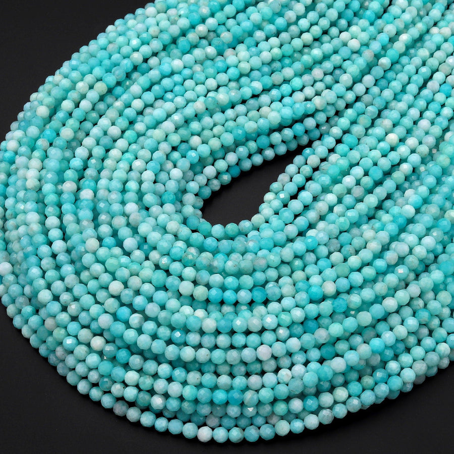 AAA Natural Peruvian Aqua Blue Amazonite 4mm Faceted Round Beads Micro Laser Diamond Cut Gemstone 15.5" Strand