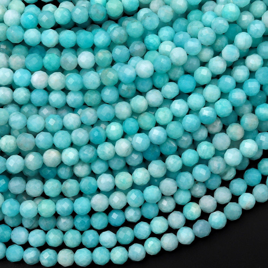 AAA Natural Peruvian Aqua Blue Amazonite 4mm Faceted Round Beads Micro Laser Diamond Cut Gemstone 15.5" Strand