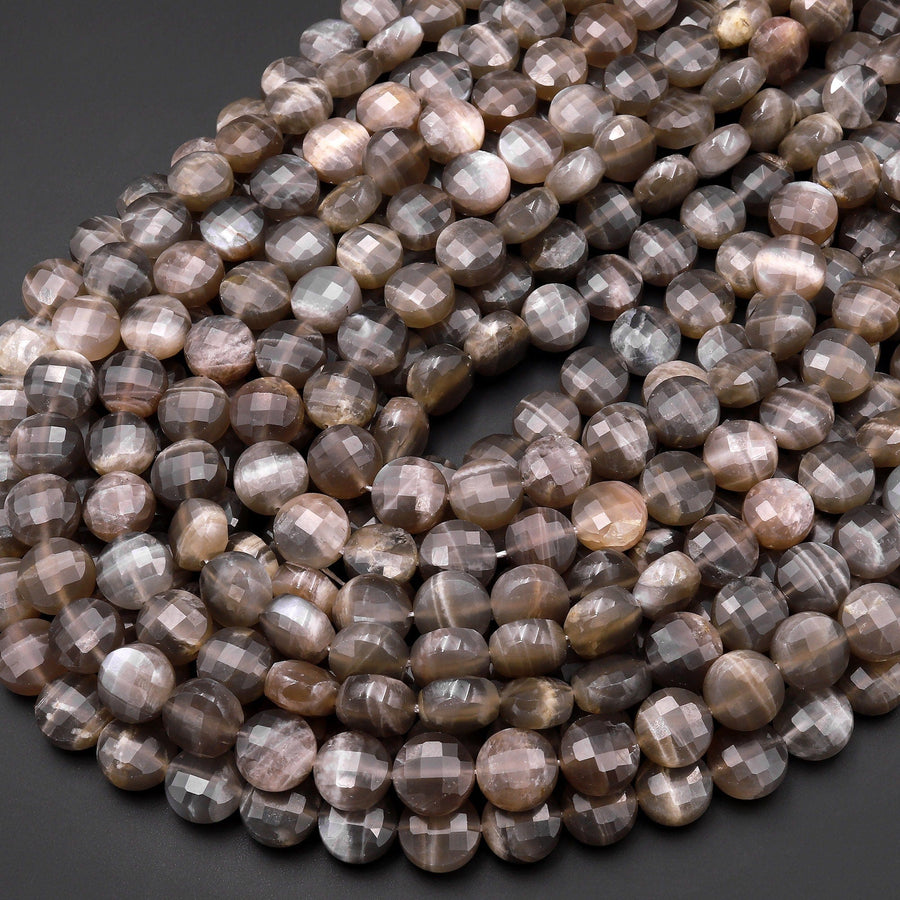 Faceted Natural Black Moonstone 10mm Coin Beads Gemstone 15.5" Strand