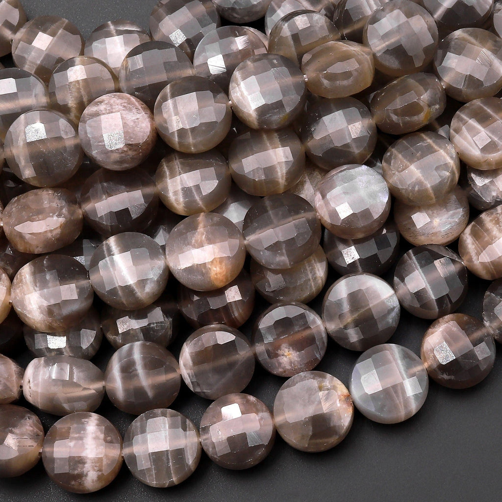 Faceted Natural Black Moonstone 10mm Coin Beads Gemstone 15.5" Strand