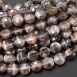 Faceted Natural Black Moonstone 10mm Coin Beads Gemstone 15.5" Strand