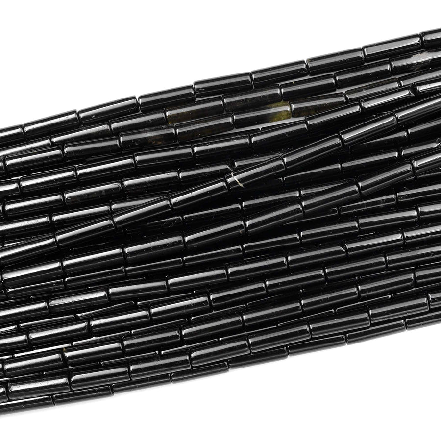 Genuine Natural Black Tourmaline Thin Long Tube Beads 14x4mm 15.5" Strand