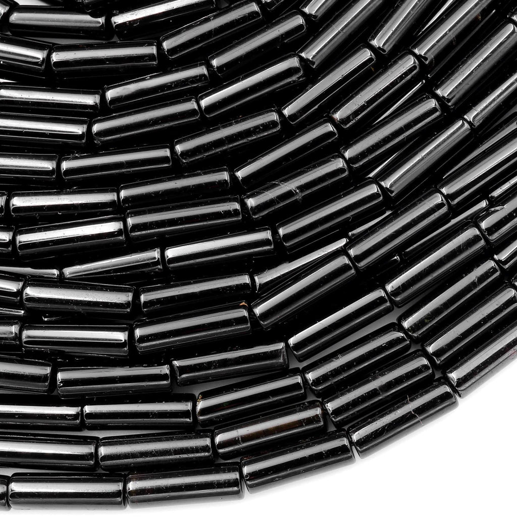 Genuine Natural Black Tourmaline Thin Long Tube Beads 14x4mm 15.5" Strand