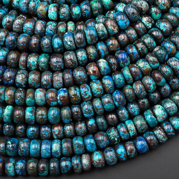 Rare Natural Shattuckite Smooth Rondelle 6mm Beads Natural Chrysocolla Azurite Gemstone from Arizona 15.5" Strand