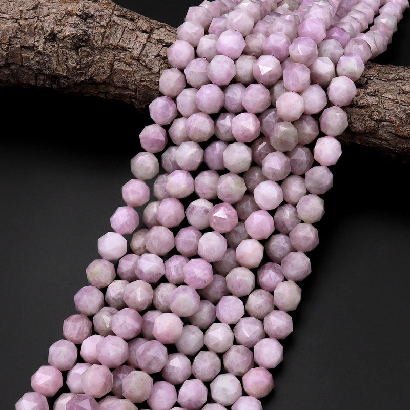 Natural Kunzite Faceted 10mm Round Beads Double Hearted Star Cut Gemstone 15.5" Strand
