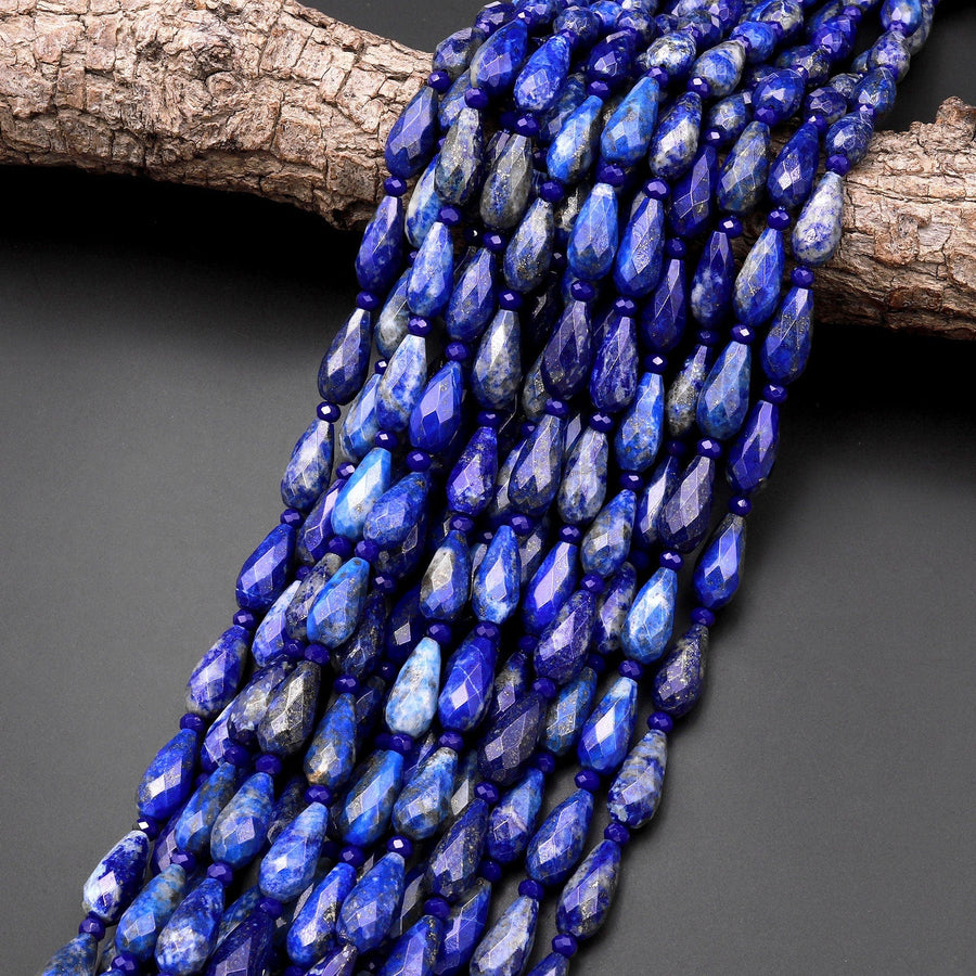 Faceted Natural Blue Lapis Teardrop Beads Vertically Drilled Gemstone 15.5" Strand