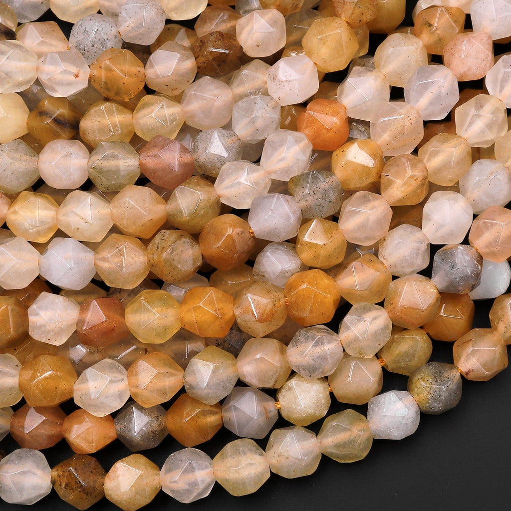 Star Cut Natural Golden Healer Quartz Beads Faceted 8mm Rounded Nugget Sharp Facets 15" Strand