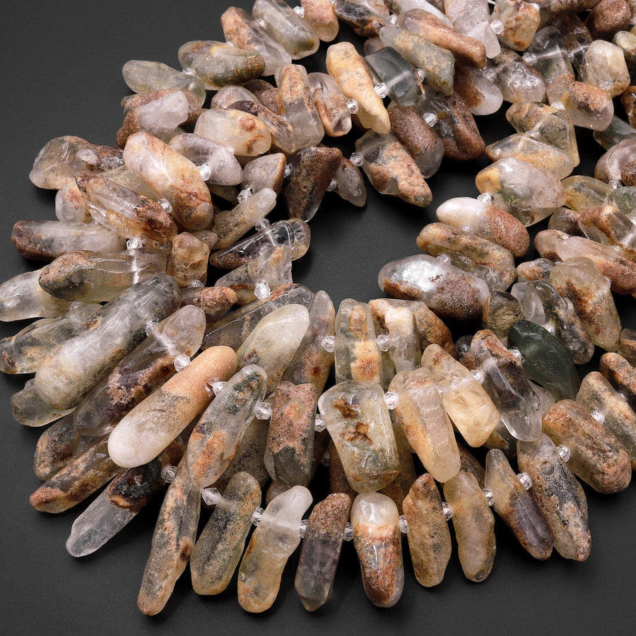 Raw Natural Brown Green Phantom Quartz Rock Crystal Beads Point Spike Top Side Drilled Focal Pendant 15.5" Strand