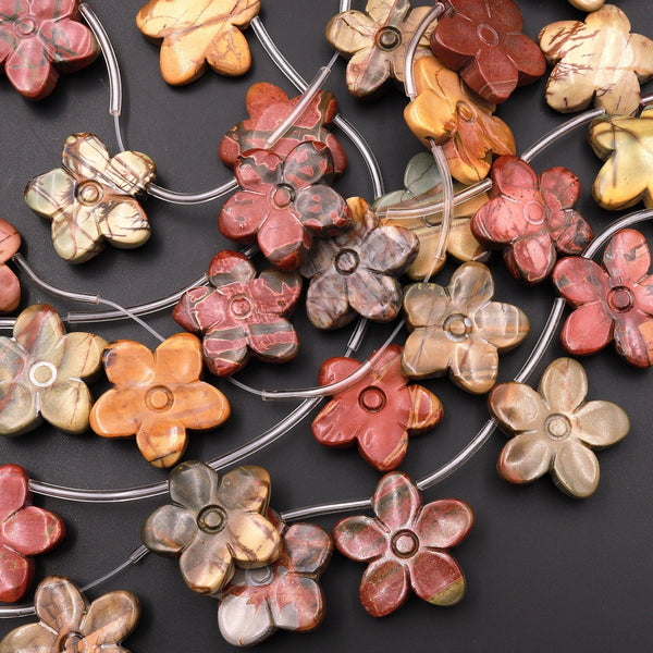 Carved Natural Red Creek Jasper Beads Cherry Blossom Flower Earthy Red Green Yellow Brown 15.5" Strand