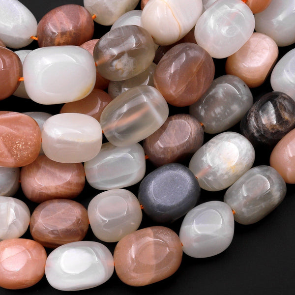 Natural Multicolor Peach Gray White Moonstone Puffy Nugget Beads 15.5" Strand