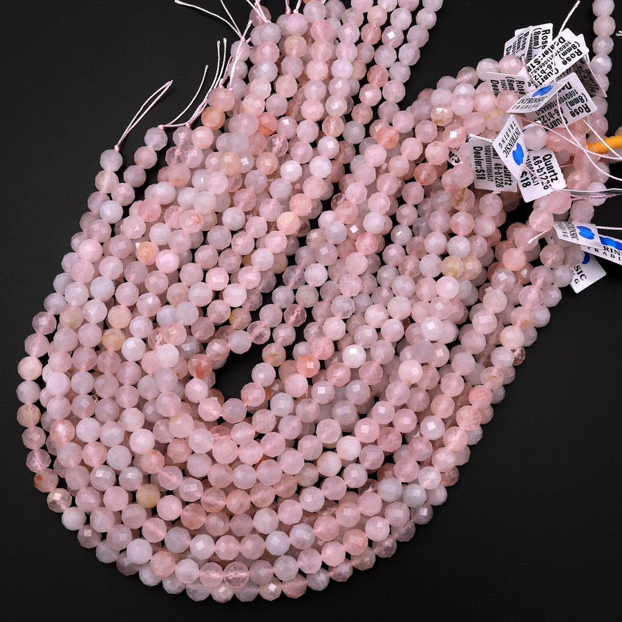 Faceted Gemmy Natural Madagascar Pink Rose Quartz Round Beads 6mm 8mm Round Beads 15.5" Strand