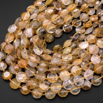 Natural Golden Dendritic Quartz Faceted Coin 12mm Beads 15.5" Strand