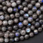 Natural Dark Black Gray Labradorite 6mm 8mm 10mm Round Beads Blue Flashes 15.5" Strand