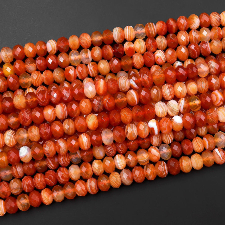 Faceted Natural Orange Red Botswana Agate Rondelle Beads 6mm 8mm 15.5" Strand