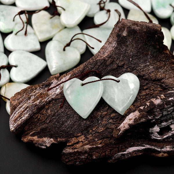 Real Genuine Natural Burma Green Jade Heart Earring Pair Drilled Gemstone Matched Beads