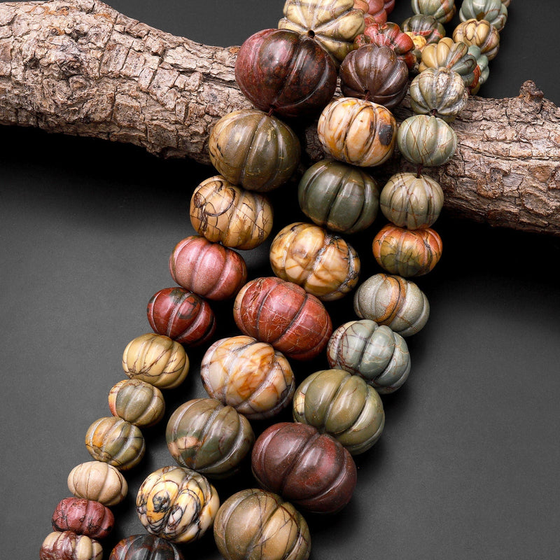 Graduated Natural Red Creek Jasper Beads Hand Carved Melon Pumpkin Earthy Red Green Yellow Brown Gemstone 16.5" Strand