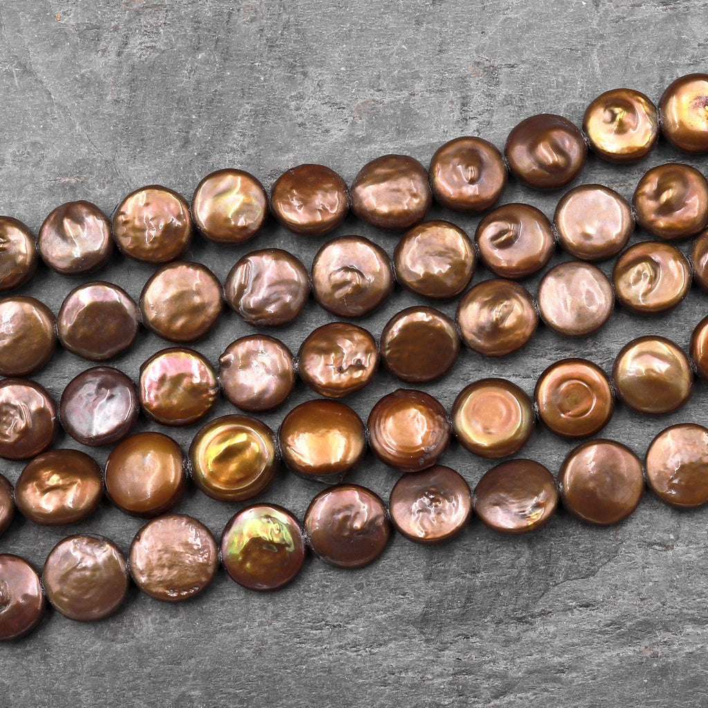 A Grade Copper Brown Coin Pearl Thick Brilliant Nacre Real Genuine Natural Freshwater Pearl 16" Strand