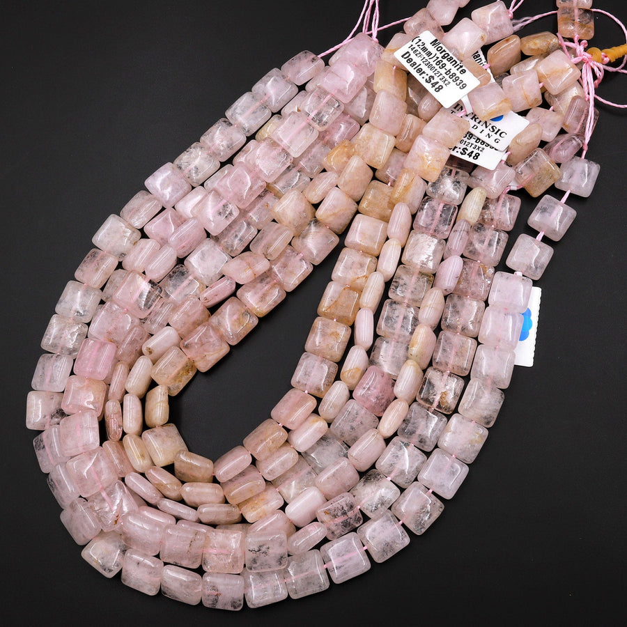 Natural Peach Pink Morganite 12mm Square Cushion Beads Aka Pink Beryl Aquamarine Gemstone 15.5" Strand