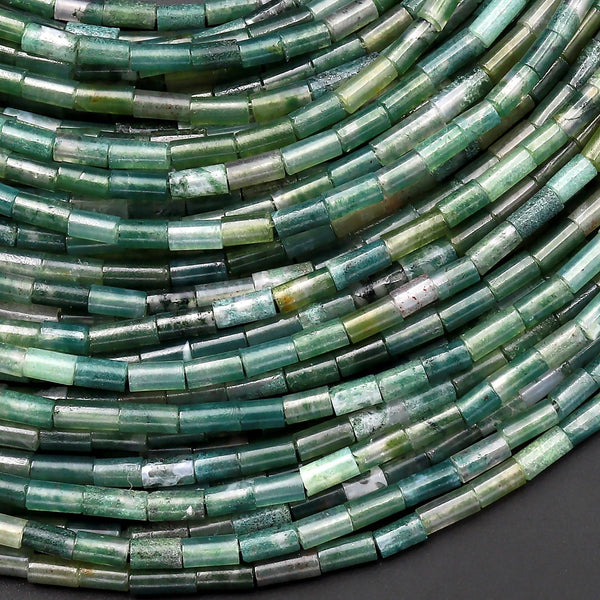 Natural Green Moss Agate 4x2mm Small Thin Smooth Spacer Tube Beads 15.5" Strand