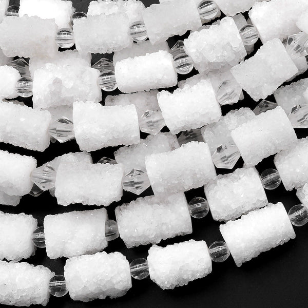 Natural White Stalactite Druzy Beads Drusy Cylinder Nuggets Center Drilled Pristine Small White Crystal Tube 15.5" Full Strand
