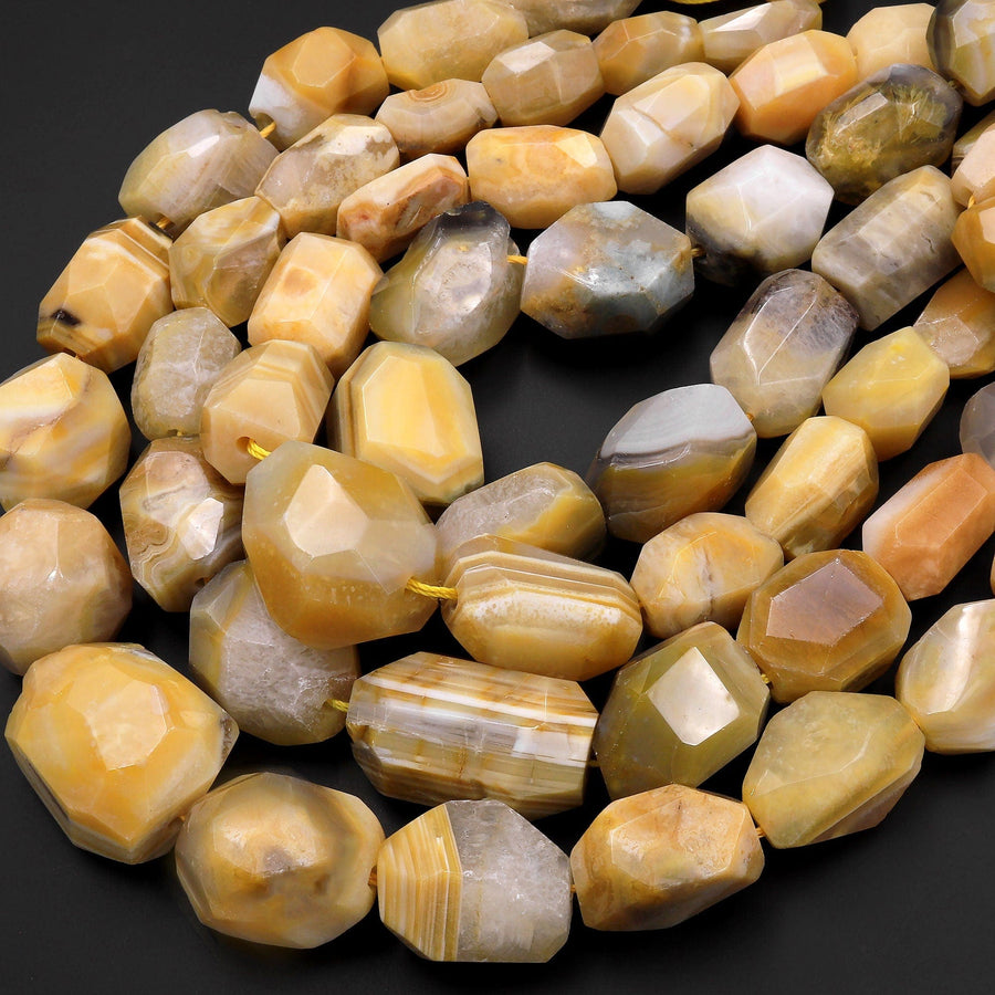 Large Faceted Natural Yellow Botswana Agate Chunky Nugget Beads 15.5" Strand