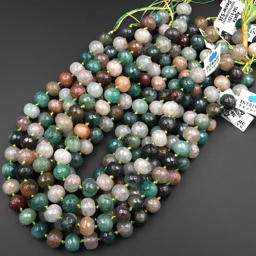 Faceted Earthy Green Brown Agate Beads Chunky Thick Rondelle 16.5" Strand