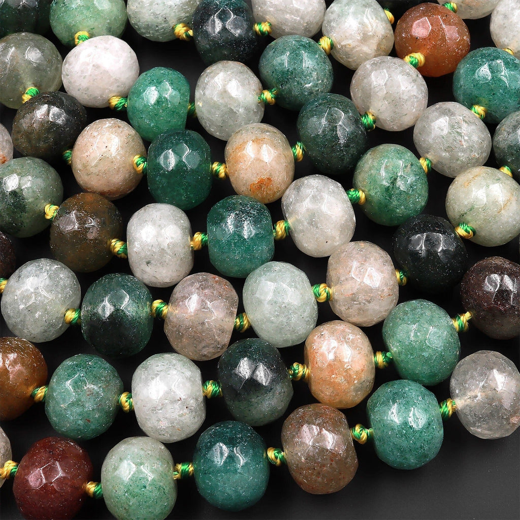 Faceted Earthy Green Brown Agate Beads Chunky Thick Rondelle 16.5" Strand