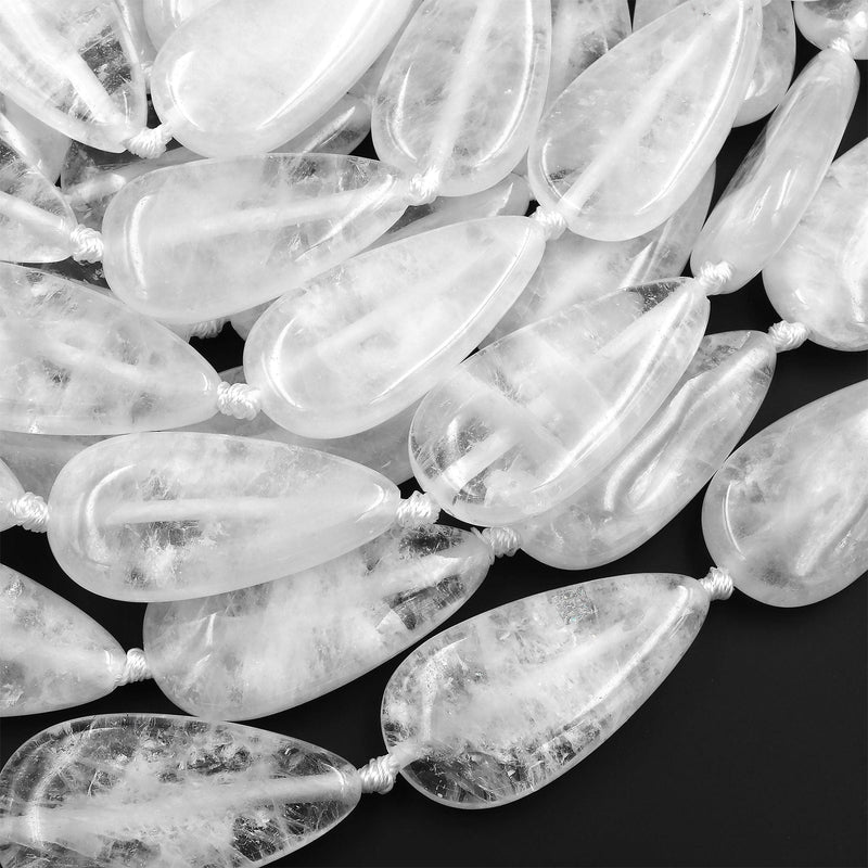 AAA Pristine White Natural Rock Crystal Quartz Large Long Smooth Teardrop Focal Beads Pendant Vertically Drilled 15.5" Strand