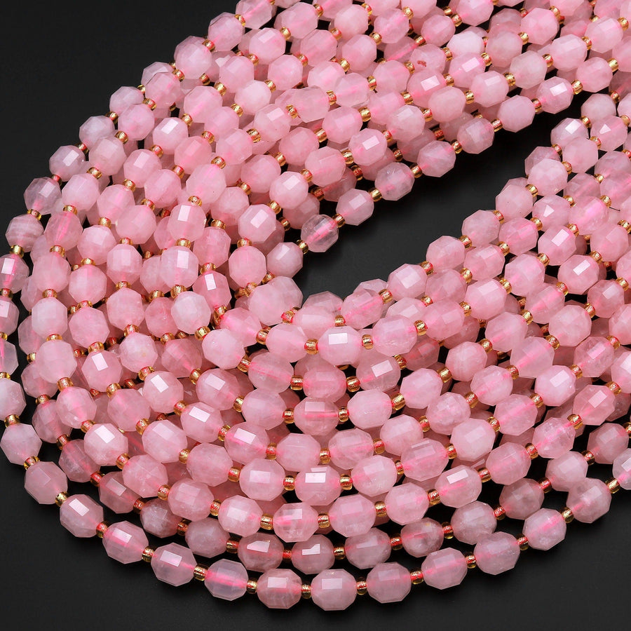 AAA Natural Pink Rose Quartz 8mm Beads Faceted Energy Prism Double Point Cut 15.5" Strand
