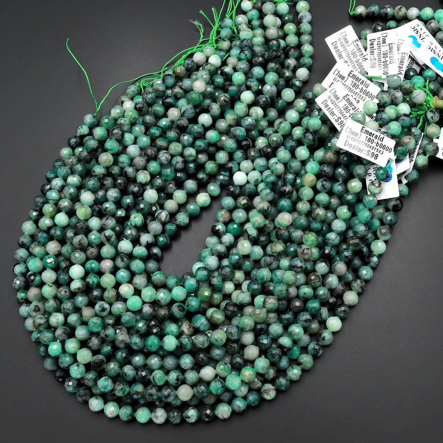 Real Genuine Natural Green Emerald Gemstone Faceted 6mm 7mm Round Beads Gemstone May Birthstone 15.5" Strand