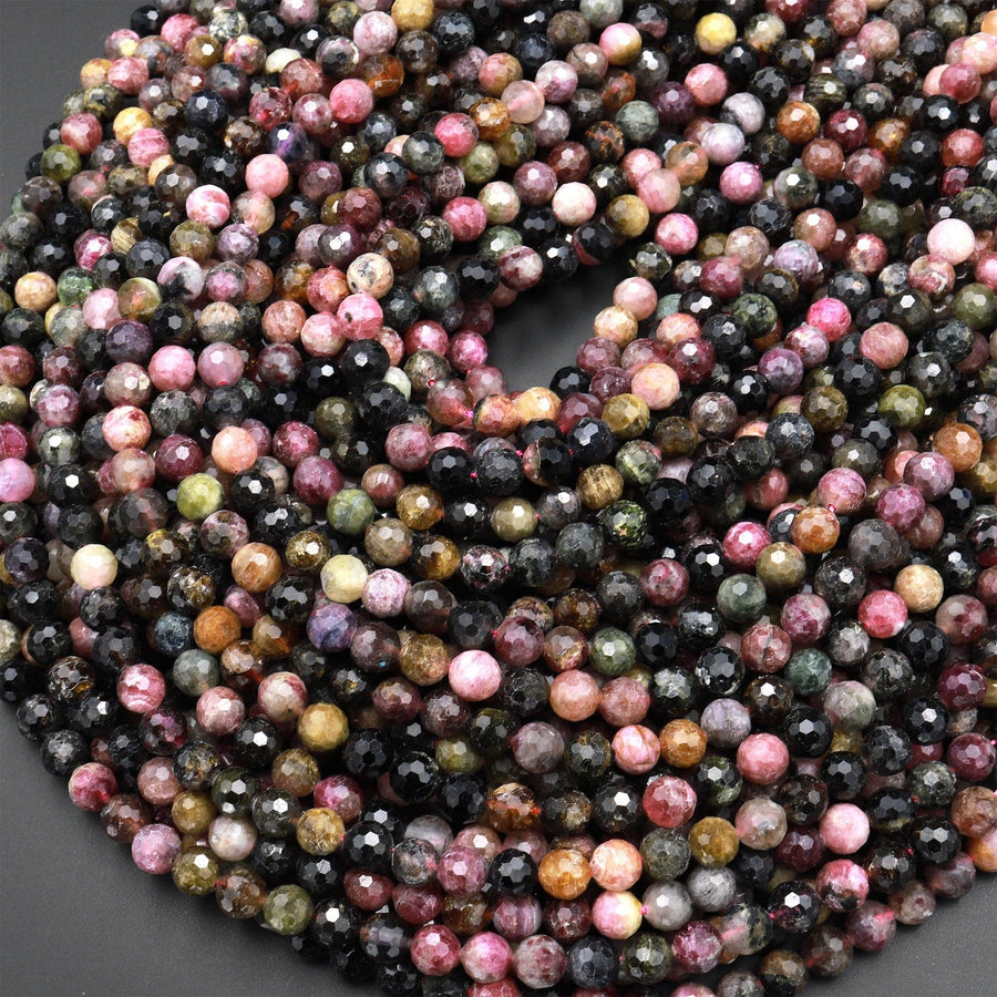 Faceted Natural Green Pink Tourmaline Round Beads 6mm 15.5" Strand