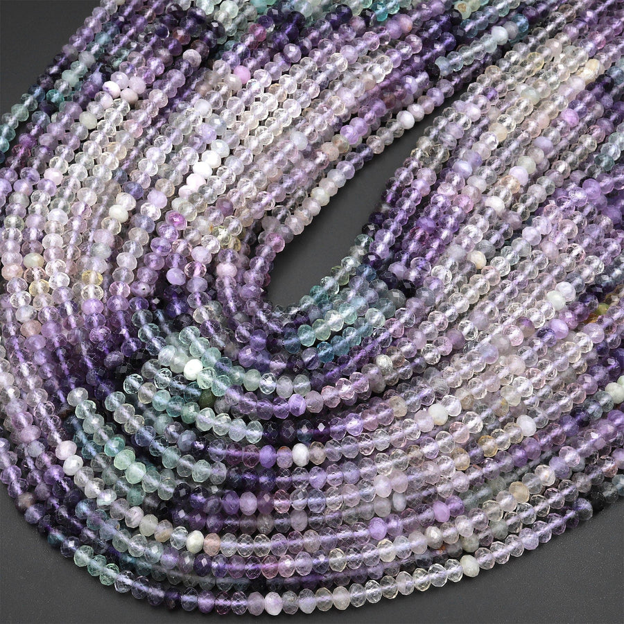 AAA Natural Multicolor Fluorite Faceted 4mm Rondelle Beads Micro Laser Cut Soft Purple Green Gemstone Bead 15.5" Strand