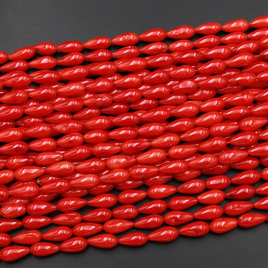 Genuine Red Bamboo Coral Smooth Teardrop Briolette Beads 10mm Vertically Drilled 15.5" Strand