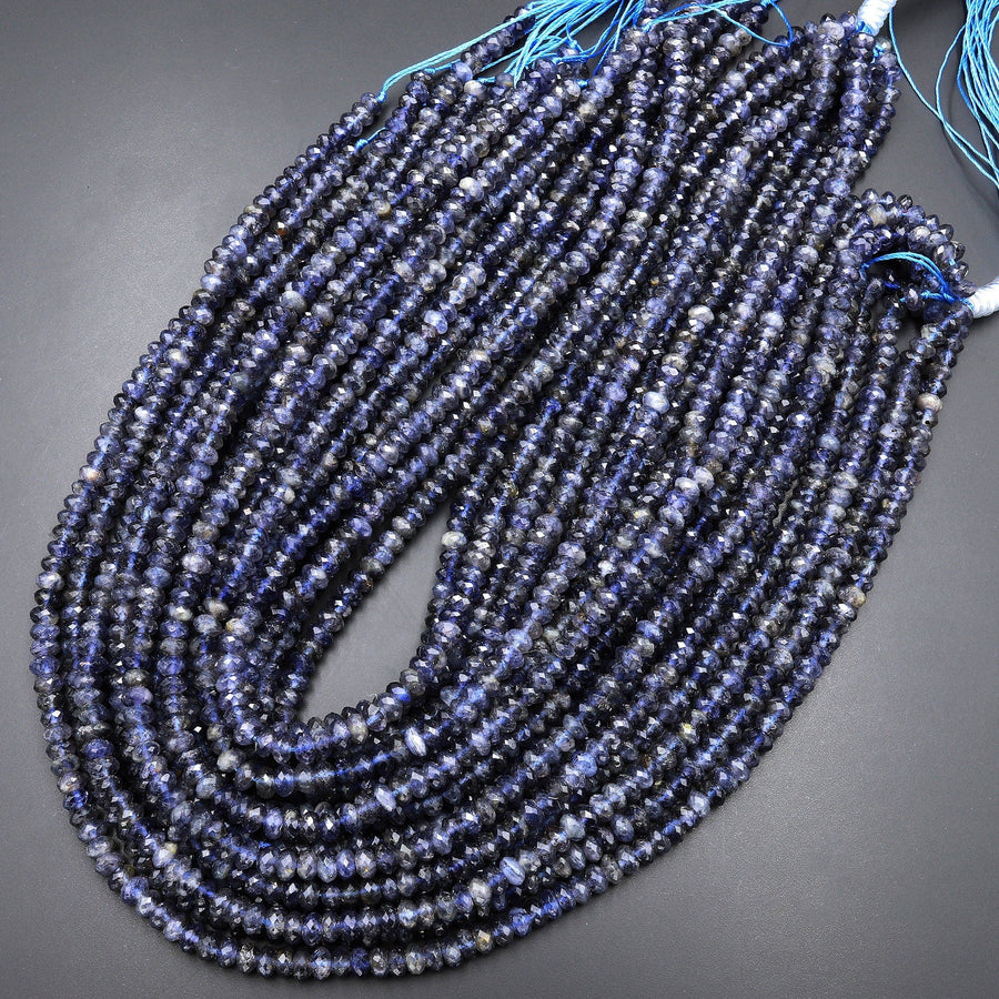 AAA Natural Blue Iolite Faceted 4mm 5mm 6mm 8mm Rondelle Beads Genuine Real Gemstone 15.5" Strand