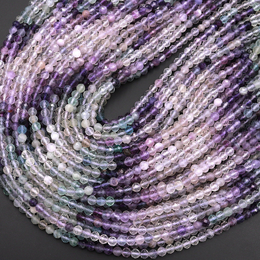 Natural Multicolor Fluorite Faceted 4mm Round Beads Micro Laser Cut Light Purple Green Gemstone Bead 15.5" Strand