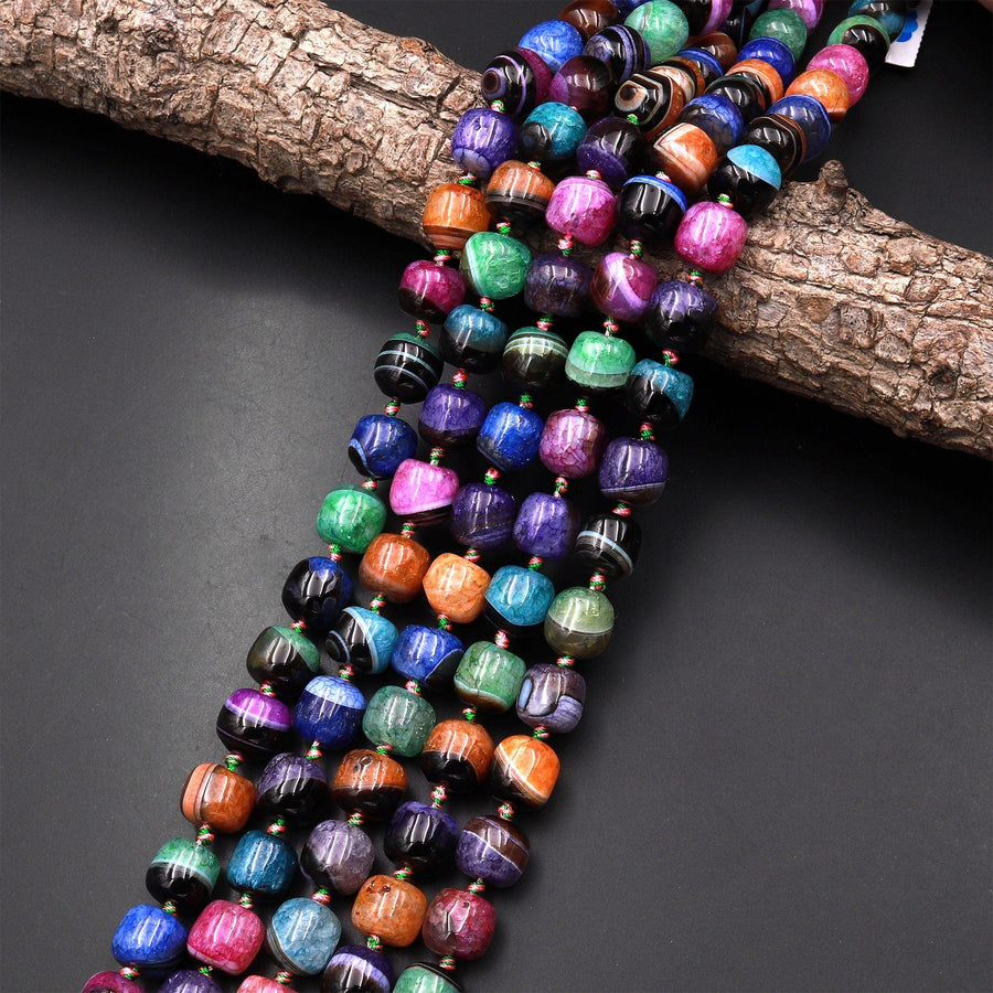 Multicolor Colorful Rainbow Agate Beads Drum Barrel Short Cylinder Black Green Pink Blue Purple Orange 15.5" Strand