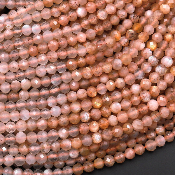 AAA Faceted Natural Silvery Peach Moonstone Round Beads 3mm 15.5" Strand