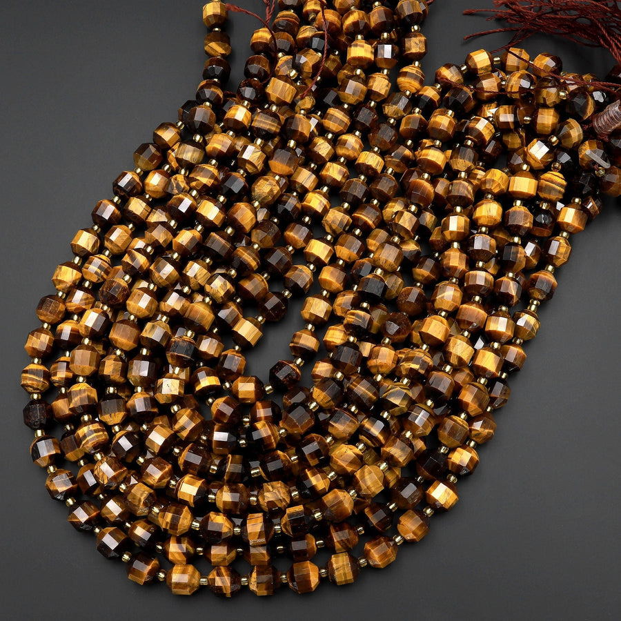 AAA Natural Golden Brown Tiger's Eye 10mm Beads Faceted Energy Prism Double Terminated Points 15.5" Strand