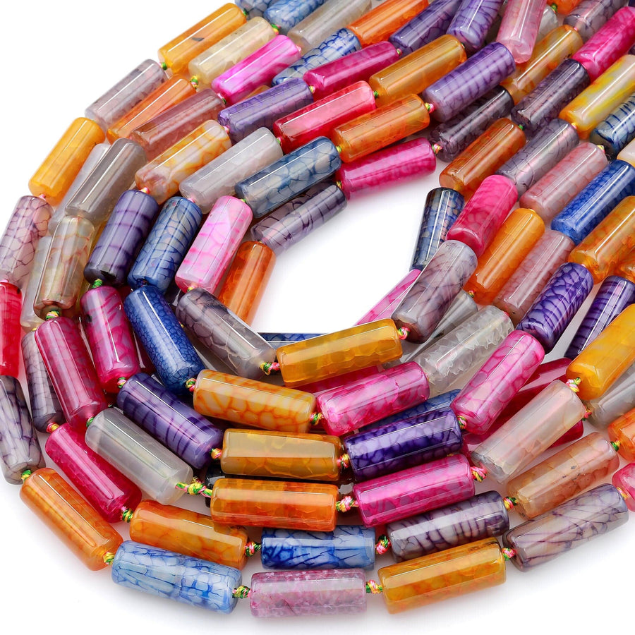 Multicolor Colorful Rainbow Fire Agate Beads Smooth Long Tube Cylinder 15.5" Strand