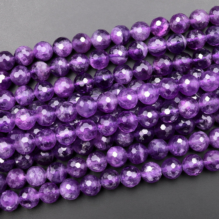 AAA Faceted Natural Amethyst Faceted 7mm 8mm 10mm Round Beads Miro Diamond Cut Genuine Real Purple Crystal Gemstone 15.5" Strand