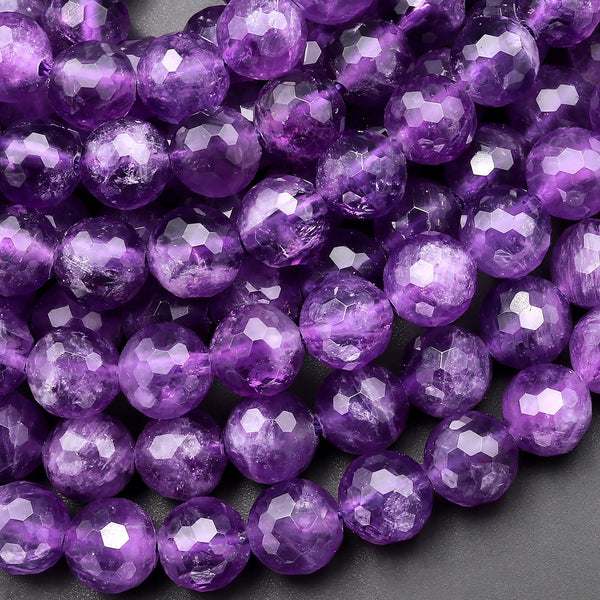 AAA Faceted Natural Amethyst Faceted 7mm 8mm 10mm Round Beads Miro Diamond Cut Genuine Real Purple Crystal Gemstone 15.5" Strand