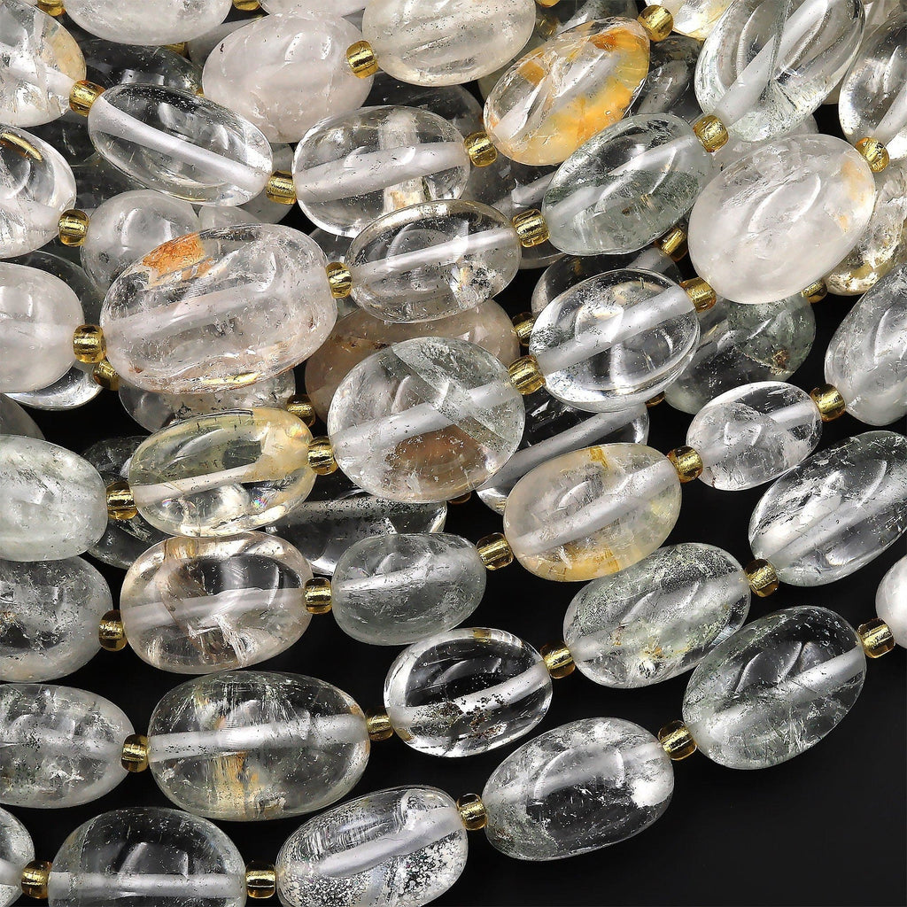 Natural Phantom Quartz Freeform Oval Pebble Nugget Beads Gemstone 15.5" Strand