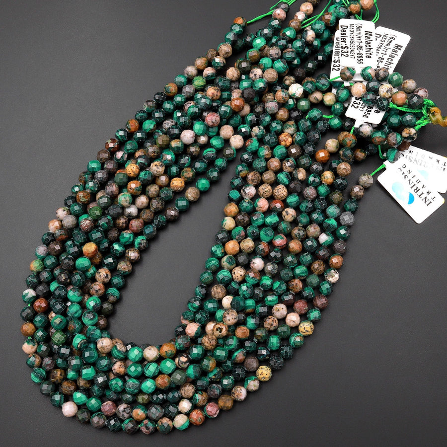 Faceted Natural Green Malachite Round Beads 6mm Laser Diamond Cut Gemstone 15.5" Strand