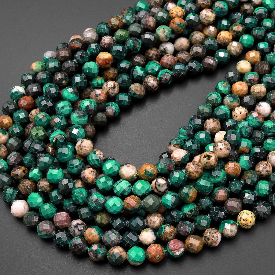 Faceted Natural Green Malachite Round Beads 6mm Laser Diamond Cut Gemstone 15.5" Strand